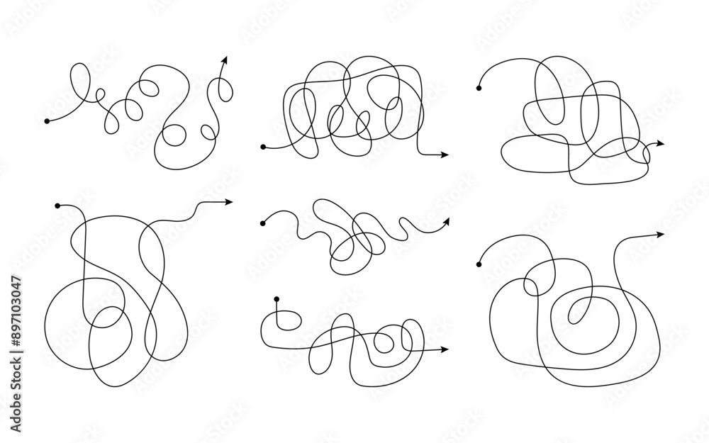 Black chaotic arrows set. Doodle scribble elements. Tangled arrows to create stylish and trendy design or decor, direction indication. Decorative vector arrow isolated on white background. Black chaotic arrows set. Doodle scribble elements. Tangled arrows to create stylish and trendy design or decor, direction indication. Decorative vector arrow isolated on white background.