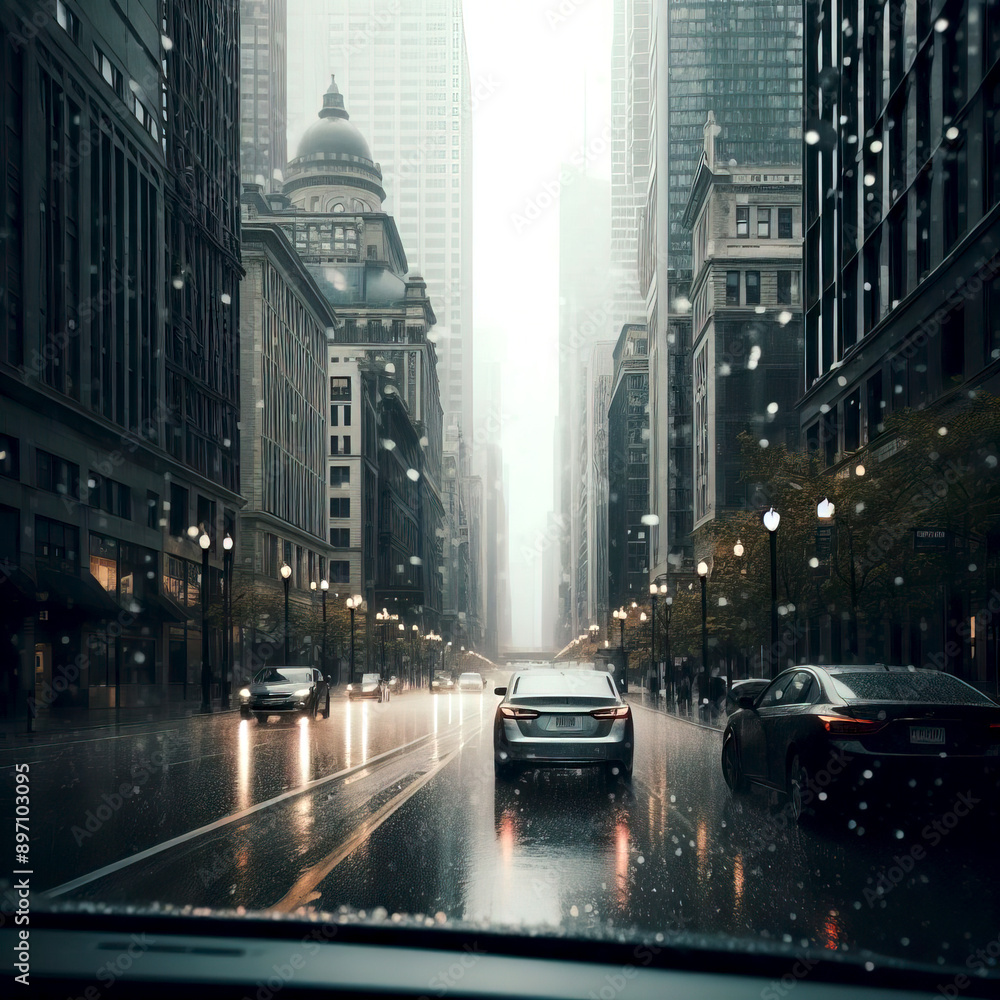 view from a car window to an evening city street during the rain with lights from lanterns and glare view from a car window to an evening city street during the rain with lights from lanterns and glare