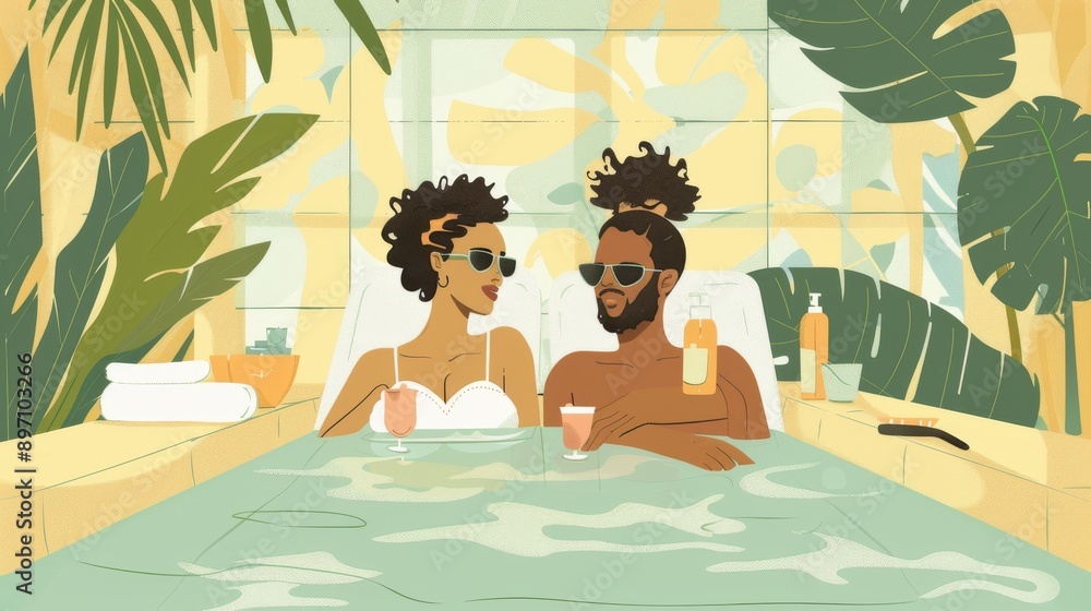Obraz premium Illustration of Couple enjoying a romantic dinner in a cozy restaurant