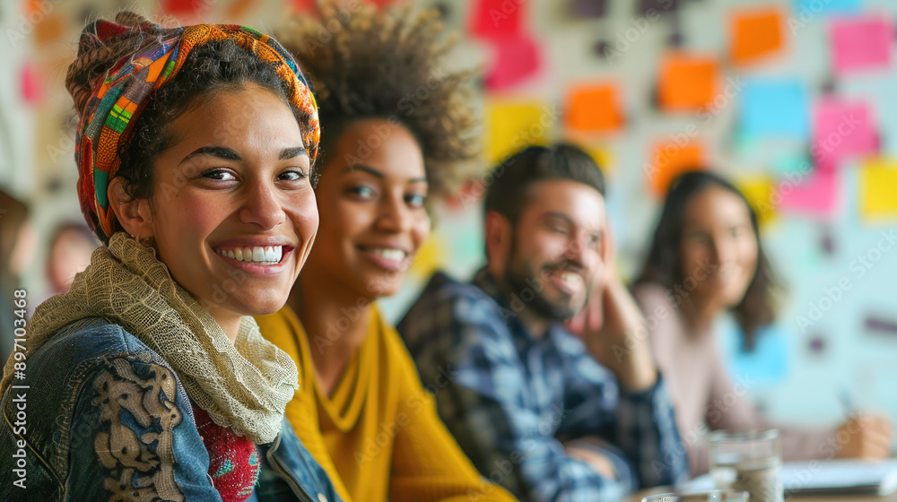 A diverse group of people smiling and sitting together in a creative workspace, surrounded by colorful sticky notes and brainstorming ideas. A diverse group of people smiling and sitting together in a creative workspace, surrounded by colorful sticky notes and brainstorming ideas.