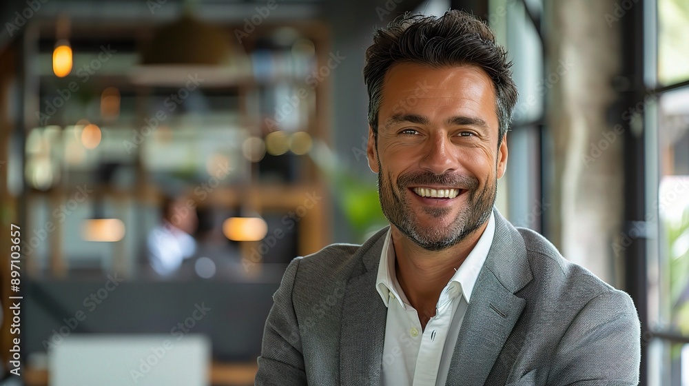 Confident Businessman's Smile: Portrait of a charismatic, mature businessman in a modern office, exuding confidence and success with a genuine smile. Confident Businessman's Smile: Portrait of a charismatic, mature businessman in a modern office, exuding confidence and success with a genuine smile.