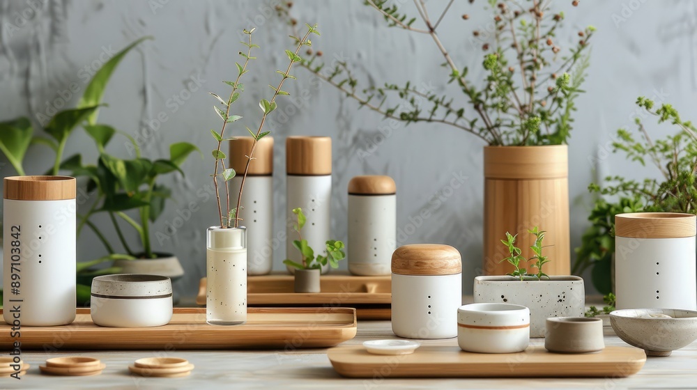 Assorted eco-friendly kitchen containers with bamboo lids on a table, accompanied by green plants in a minimalist setting. Assorted eco-friendly kitchen containers with bamboo lids on a table, accompanied by green plants in a minimalist setting.