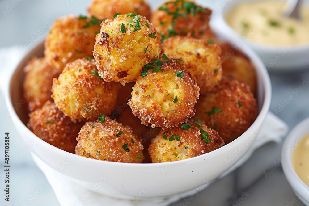 Close up of fried mac and cheese balls seasoned with parsley in a white bowl Close up of fried mac and cheese balls seasoned with parsley in a white bowl