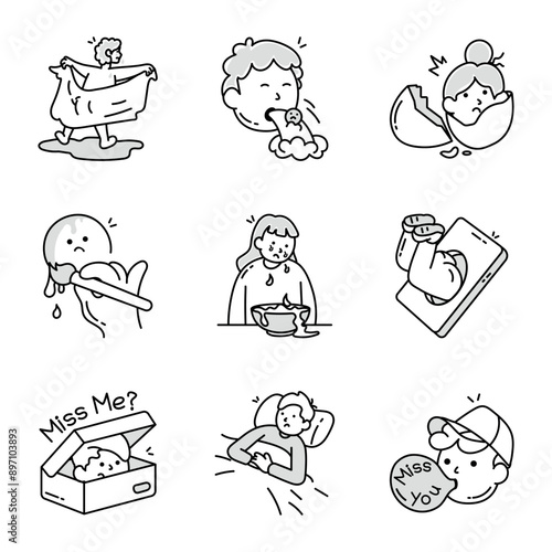 WebPack of Cartoon Style Swimming Elements Doodle Icons 


