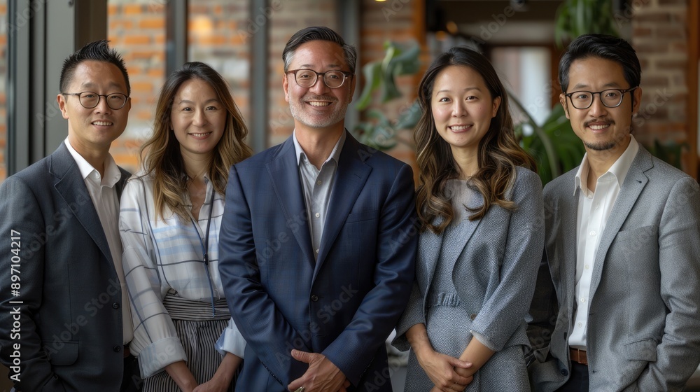 Business team standing together in modern office with smiles. Professional group portrait in a corporate environment. Business team standing together in modern office with smiles. Professional group portrait in a corporate environment.