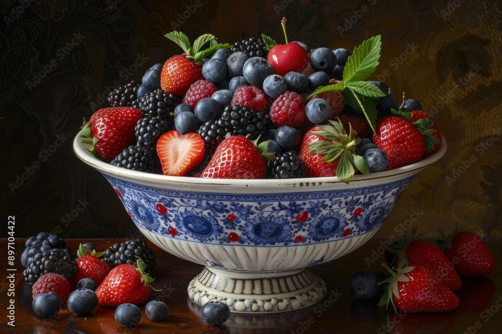 Beautiful antique china bowl overflowing with a variety of fresh picked summer berries Beautiful antique china bowl overflowing with a variety of fresh picked summer berries