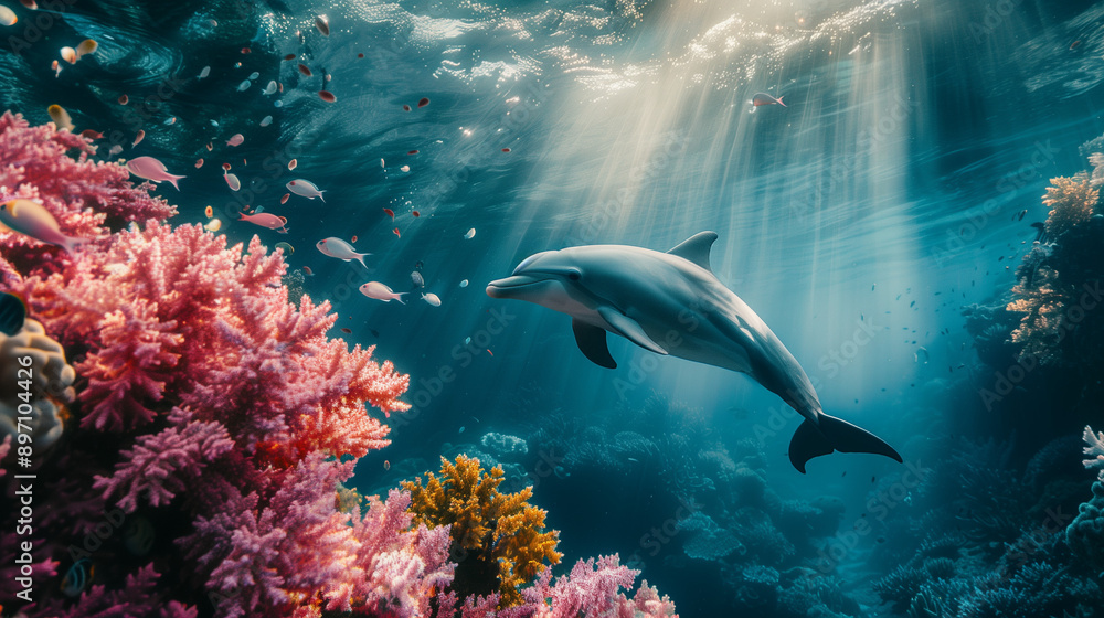 Fototapeta premium Dolphin swimming over a coral reef
