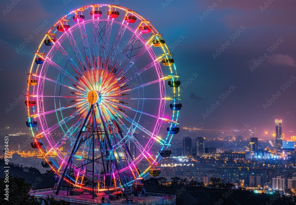 A colorful Ferris wheel illuminated at night with a cityscape in the background A colorful Ferris wheel illuminated at night with a cityscape in the background