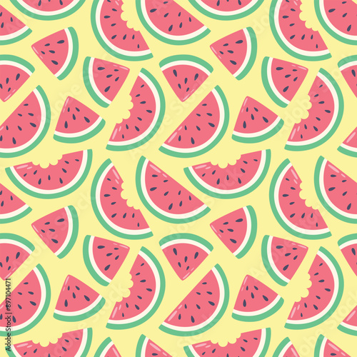 Watermelon slices seamless pattern. Bright summer background. Red fruit on yellow background. Fresh food vector illustration