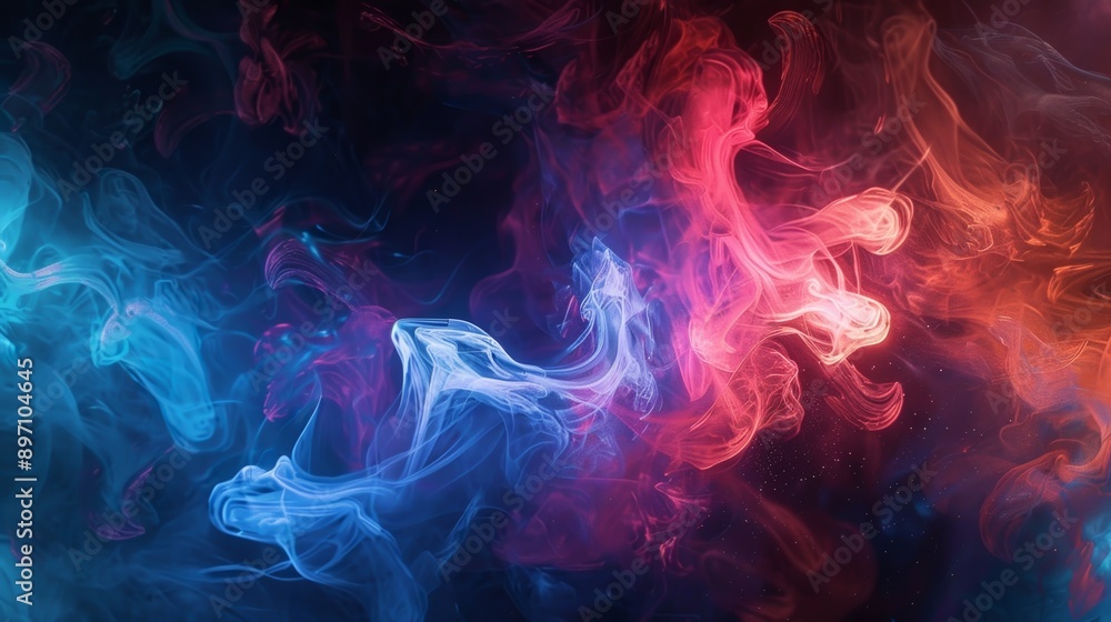 Vibrant red and blue smoke forming artistic patterns against a dark backdrop, ideal for abstract background needs in any project