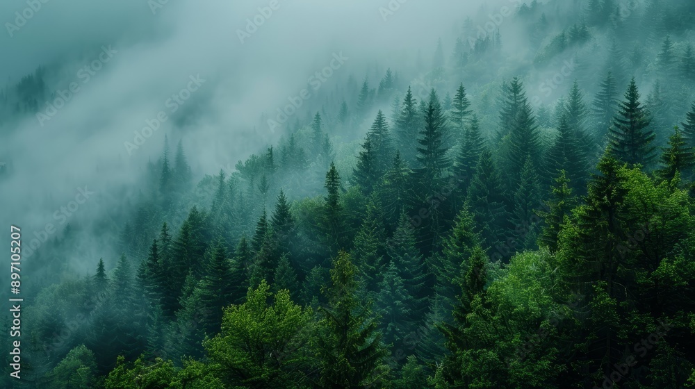 The tranquil beauty of a misty morning enveloping a dense pine forest is truly breathtaking The tranquil beauty of a misty morning enveloping a dense pine forest is truly breathtaking