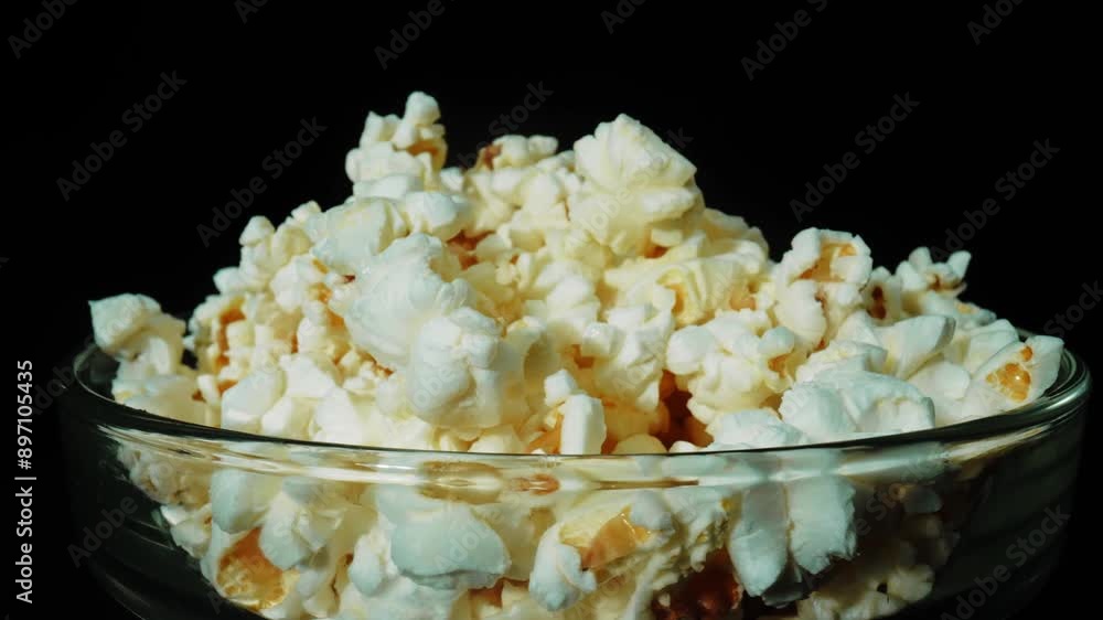 Close up of glass bowl contain sweet popcorn placed on rotated podium with separated black background. Side view of glass bowl with tasty popcorn isolated black background. Fast food concept. Pabulum. Close up of glass bowl contain sweet popcorn placed on rotated podium with separated black background. Side view of glass bowl with tasty popcorn isolated black background. Fast food concept. Pabulum.