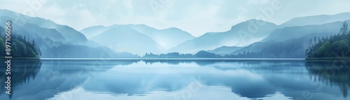 Wallpaper Mural Serene Reflections: Tranquility descends upon a misty mountain lake, its glassy surface mirroring the majestic peaks and ethereal sky in a symphony of blue and white.  Torontodigital.ca