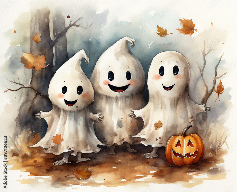 ghosts with pumpkins in autumn forest ghosts with pumpkins in autumn forest