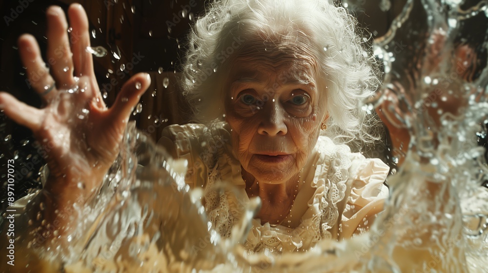 Obraz premium Elderly Woman Reaches Out From Water With Concerned Expression