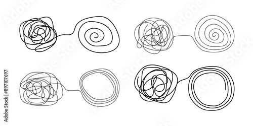 Unraveling line, single thread. Chaos and order business concept vector illustration isolated on white background. Untangling lines set. Abstract tangled disorder line turns into spiral order line.