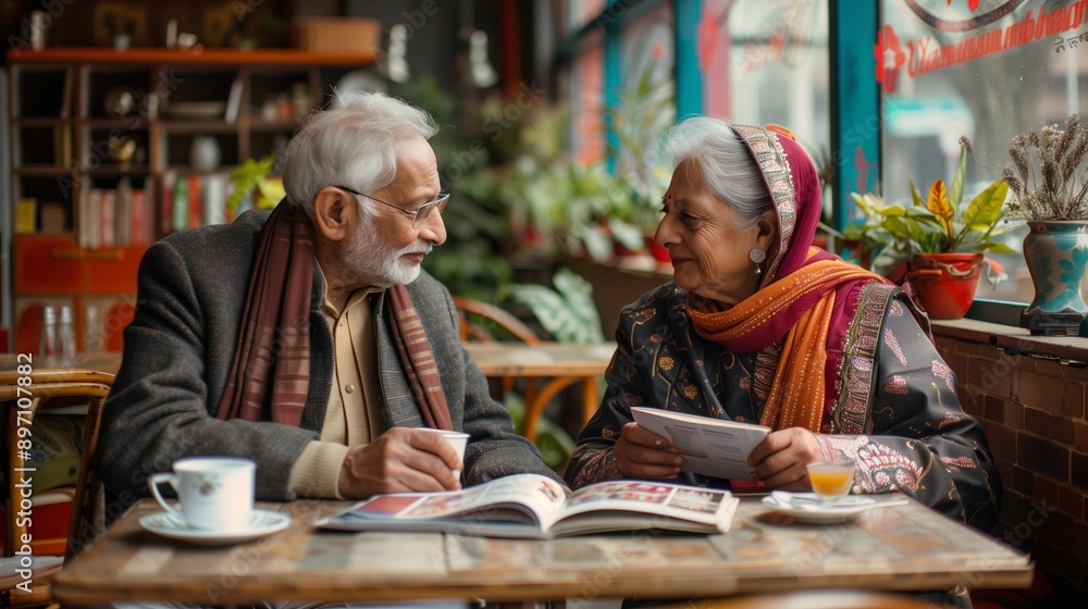 Elderly indian couple in traditional attire enjoys quiet moment in cafe image. Seniors sharing book and cup of coffee photography scene. Reading together concept photorealistic photo Elderly indian couple in traditional attire enjoys quiet moment in cafe image. Seniors sharing book and cup of coffee photography scene. Reading together concept photorealistic photo