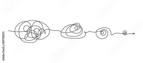 Unraveling line with arrow, showcasing a continuous, flowing thread that twists and turns. Symbolizes complexity and movement. Tangled disorder turns into order line. Isolated untangling line.