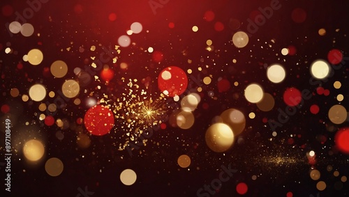 generative aiAbstract festive red bokeh background of defocused golden sparkle confetti
 photo