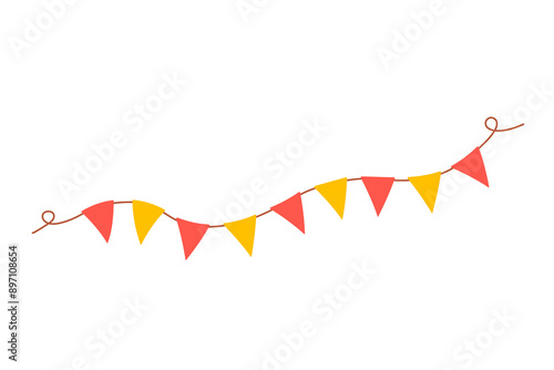 Triangle pennant isolated on white background. Hanging summer party garland for kids. Red and yellow flags. Vector illustration