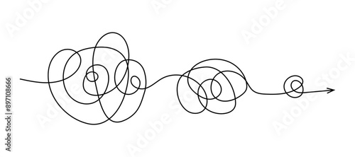 Untangling line with arrow, showcasing a continuous, flowing thread that twists and turns. Symbolizes complexity and movement. Tangled disorder turns into order line. Isolated unraveling line.
