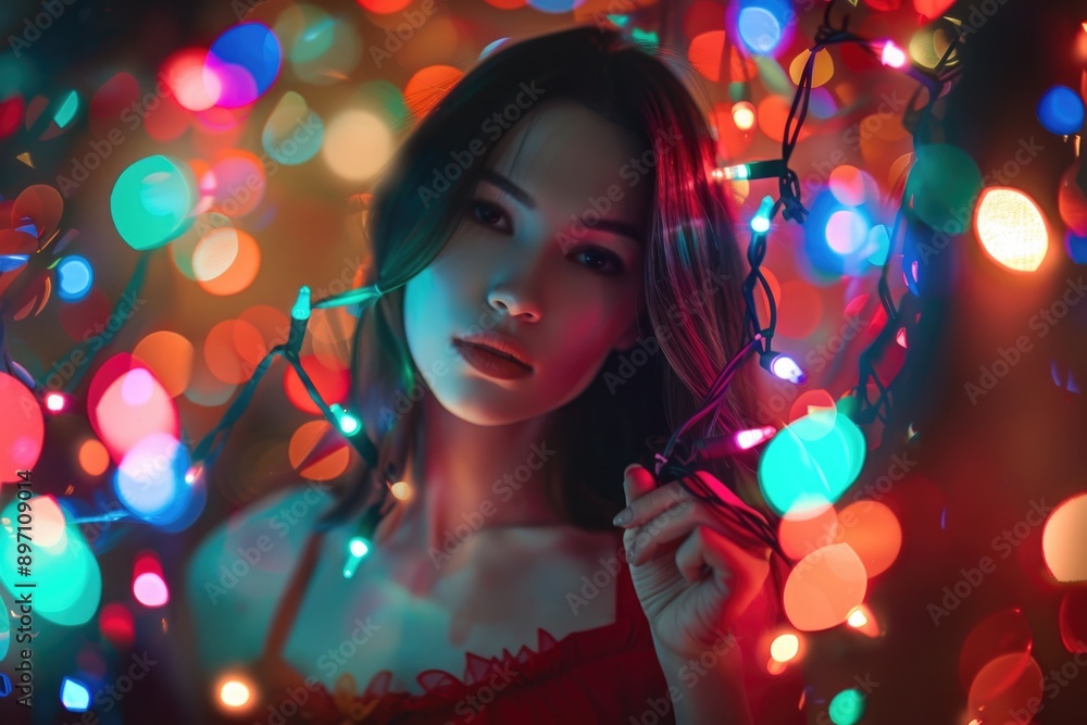 A woman holds a string of lights in front of her face, creating a unique and fascinating visual effect A woman holds a string of lights in front of her face, creating a unique and fascinating visual effect