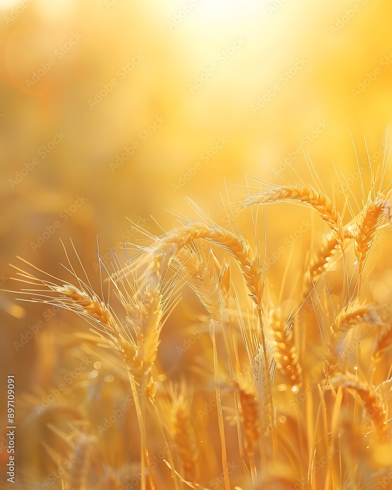 Golden wheat field background with bokeh and sunlight, summer concept of harvest season