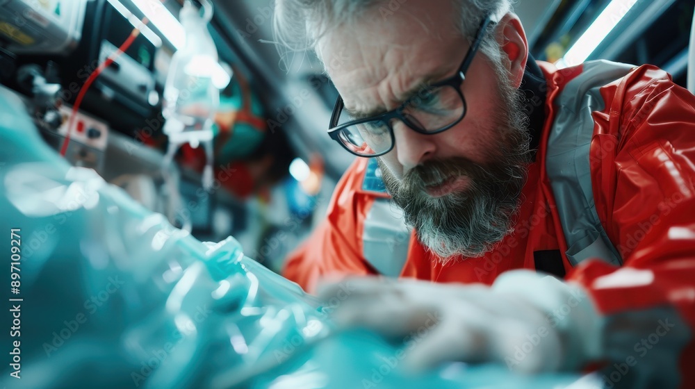 A paramedic is providing emergency medical care to a patient inside an ambulance, wearing a red jacket and focused on treating the individual under emergency lighting conditions. A paramedic is providing emergency medical care to a patient inside an ambulance, wearing a red jacket and focused on treating the individual under emergency lighting conditions.