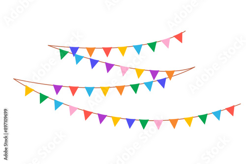 Retro buntings garlands isolated on white background. Hanging summer party garland for kids. Red and yellow flags. Vector illustration