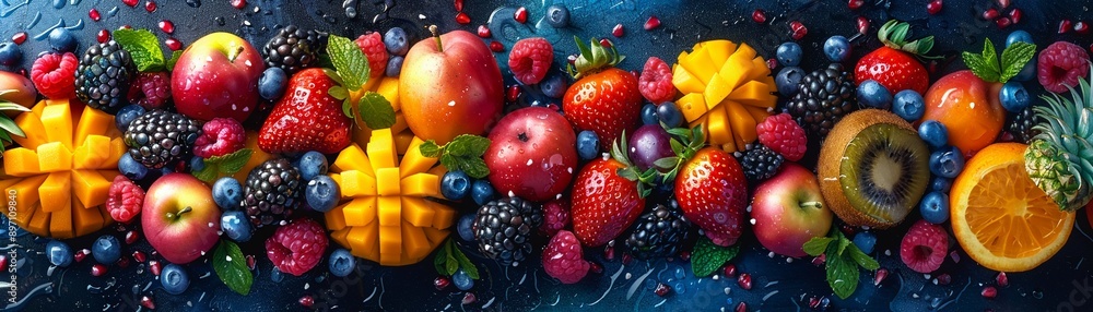 Tropical fruit salad with vibrant colors surrealism bright hues whimsical background Tropical fruit salad with vibrant colors surrealism bright hues whimsical background