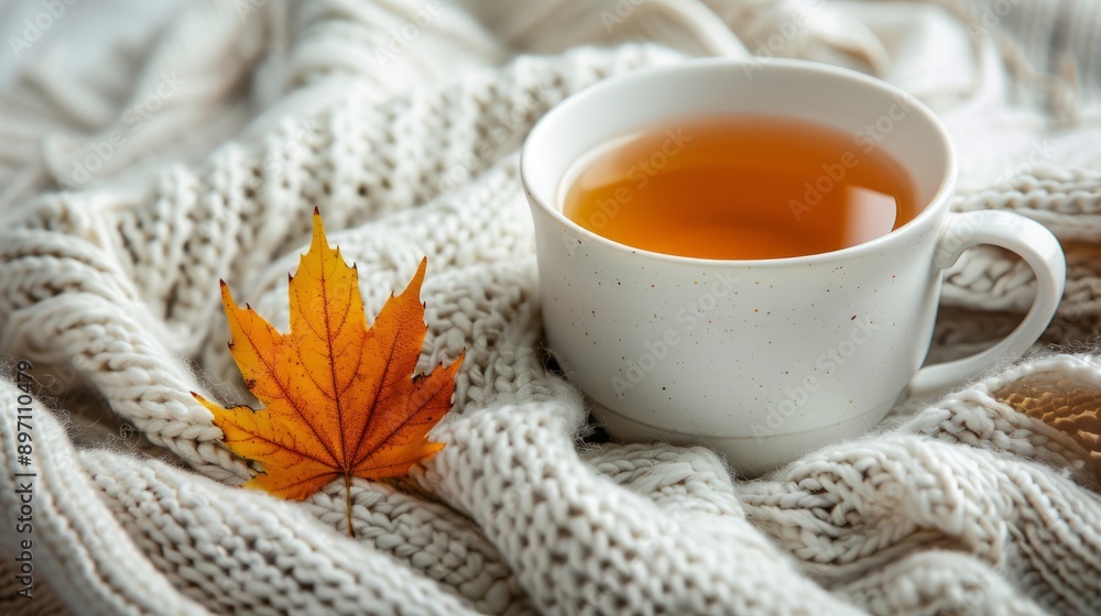 Savoring a warm cup of autumn tea on a soft, knit blanket while gazing at a fallen leaf Savoring a warm cup of autumn tea on a soft, knit blanket while gazing at a fallen leaf