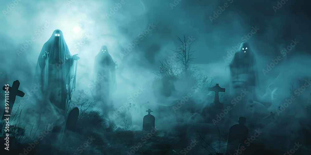 Scary halloween background, smoky , foggy night view of cemetery
Scary halloween background, smoky , foggy night view of cemetery
