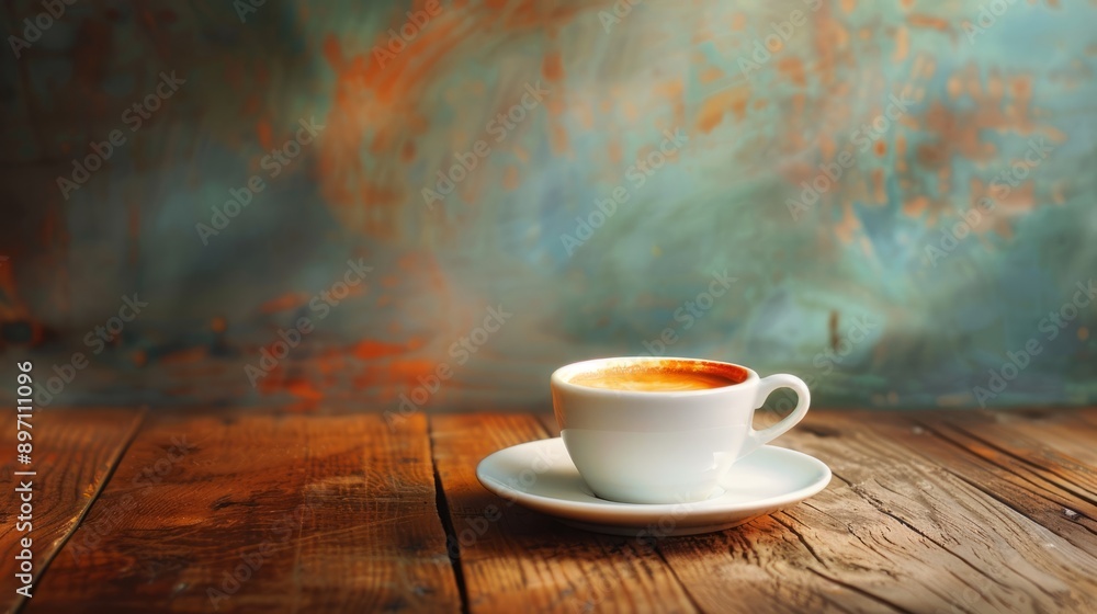 Obraz premium A single cup of coffee on a rustic wooden table with a blurry green and orange background