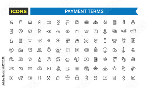 Payment terms icons set outline vector. Card credit, Document recharge. Outline icons pack. Editable vector line icon set and illustration.