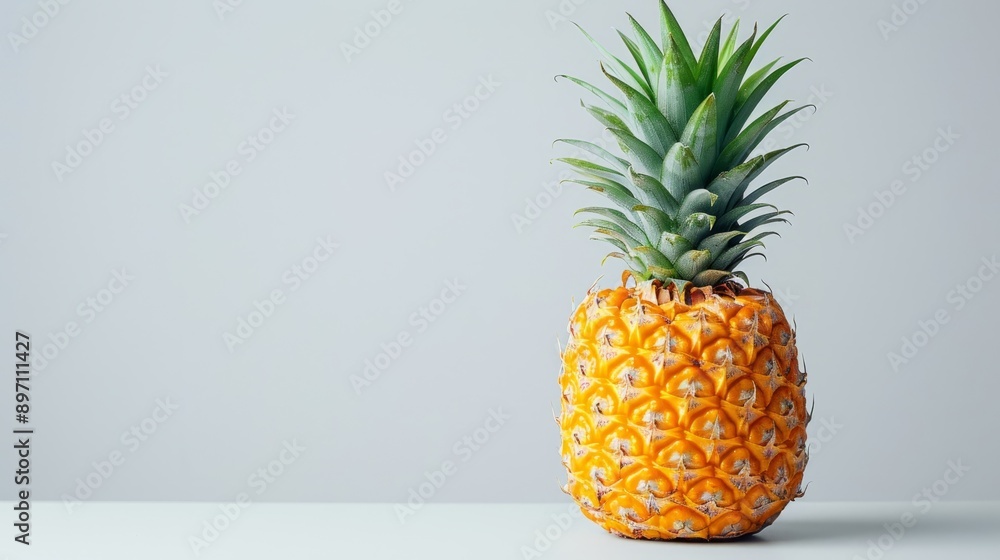 An exotic, vibrant pineapple resting on a clean white surface, set against a soft light gray backdrop An exotic, vibrant pineapple resting on a clean white surface, set against a soft light gray backdrop