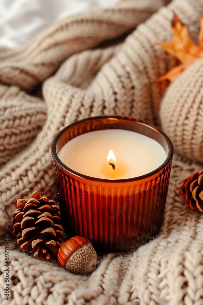 burning candle in a reeded brown glass container surrounded by cones, acorns, sweater, cosy, fall muted colors burning candle in a reeded brown glass container surrounded by cones, acorns, sweater, cosy, fall muted colors