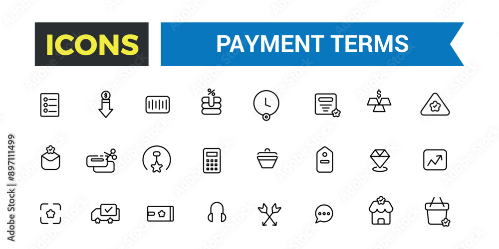Payment terms icons set outline vector. Card credit, Document recharge. Outline icons pack. Editable vector line icon set and illustration. Payment terms icons set outline vector. Card credit, Document recharge. Outline icons pack. Editable vector line icon set and illustration.