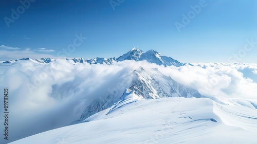 majestic snowcapped mountain peak piercing through a sea of clouds pristine white slopes contrast against a deep azure sky creating a breathtaking alpine vista