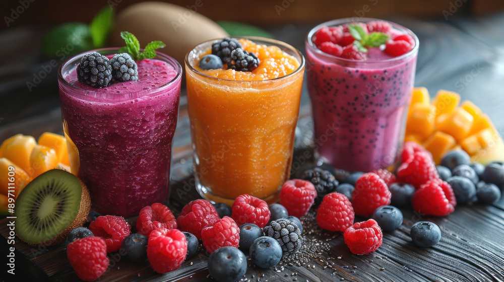 Delicious smoothies and salads with fresh seasonal fruits. Delicious smoothies and salads with fresh seasonal fruits.