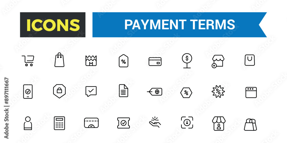 Payment terms icons set outline vector. Card credit, Document recharge. Outline icons pack. Editable vector line icon set and illustration. Payment terms icons set outline vector. Card credit, Document recharge. Outline icons pack. Editable vector line icon set and illustration.