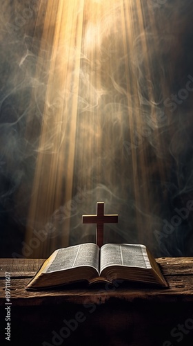 Wallpaper Mural Open bible with wooden cross under rays of warm light, spiritual and religious concept Torontodigital.ca