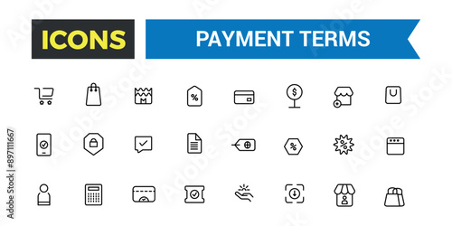 Payment terms icons set outline vector. Card credit, Document recharge. Outline icons pack. Editable vector line icon set and illustration.
