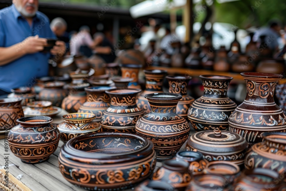 A bustling pottery market stall featuring an array of handmade ceramic items. The intricately designed vases and bowls reflect artistic heritage and meticulous craftsmanship. A bustling pottery market stall featuring an array of handmade ceramic items. The intricately designed vases and bowls reflect artistic heritage and meticulous craftsmanship.