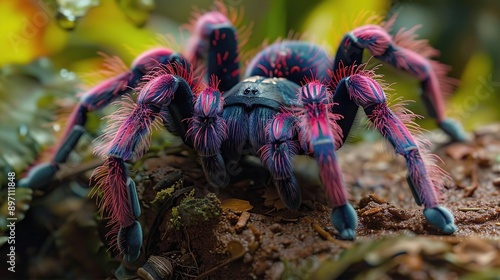 Pink and Blue Tarantula Spider, Close-Up, Macro, Realistic Image photo