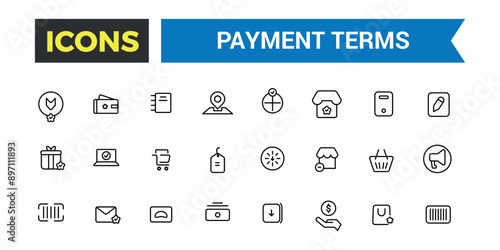 Payment terms icons set outline vector. Card credit, Document recharge. Outline icons pack. Editable vector line icon set and illustration.
