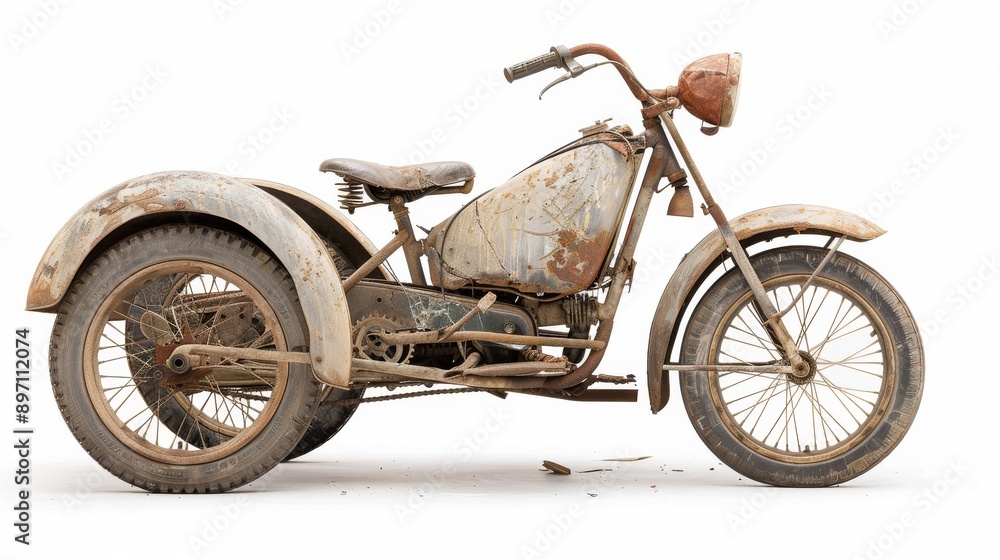 Fototapeta premium Vintage Damaged Motor Tricycle on Solid White Background Highlighting Dramatic Wreckage