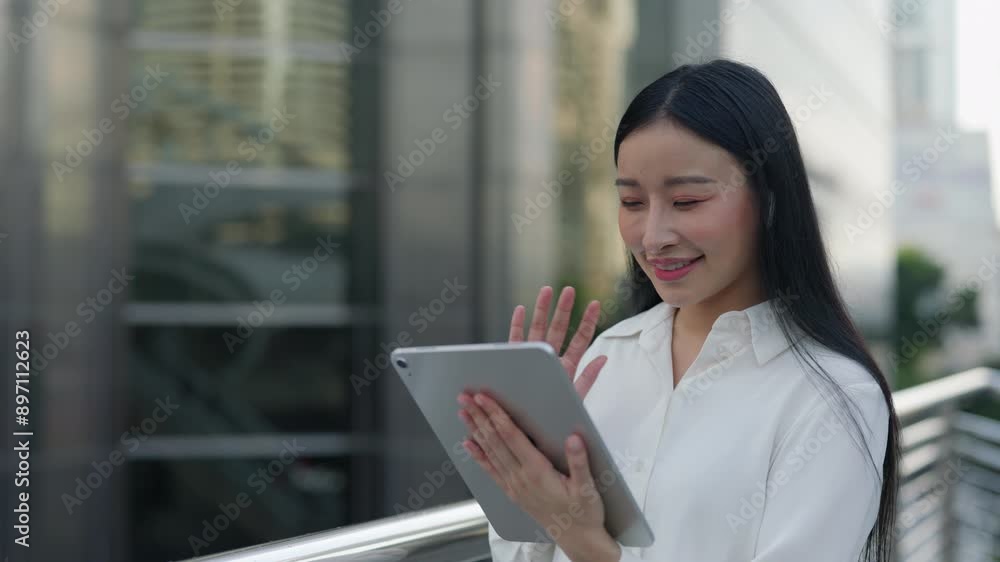 Beautiful Positive Asian Girl Stands Outside and Talks on Online Video Call, Waves Hello to the Screen. Beautiful Positive Asian Girl Stands Outside and Talks on Online Video Call, Waves Hello to the Screen.