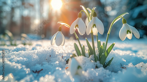 Fototapeta Naklejka Na Ścianę i Meble -  Delicate snowdrop flowers blooming through snow, illuminated by soft sunlight in a winter landscape. Concept of resilience, hope, and the arrival of spring.