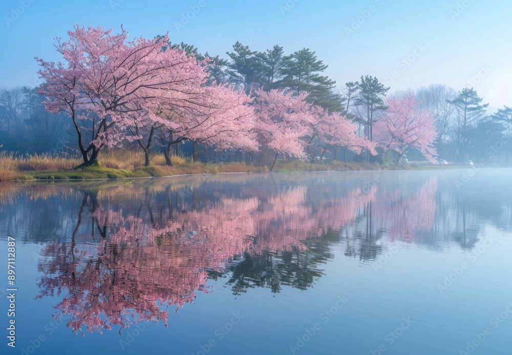 A scenic view of cherry blossom trees reflected in the water of a calm lake A scenic view of cherry blossom trees reflected in the water of a calm lake