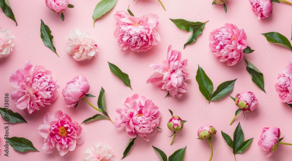 Buds of pink peonies evenly spreaded on light pink background, top view. Buds of pink peonies evenly spreaded on light pink background, top view.
